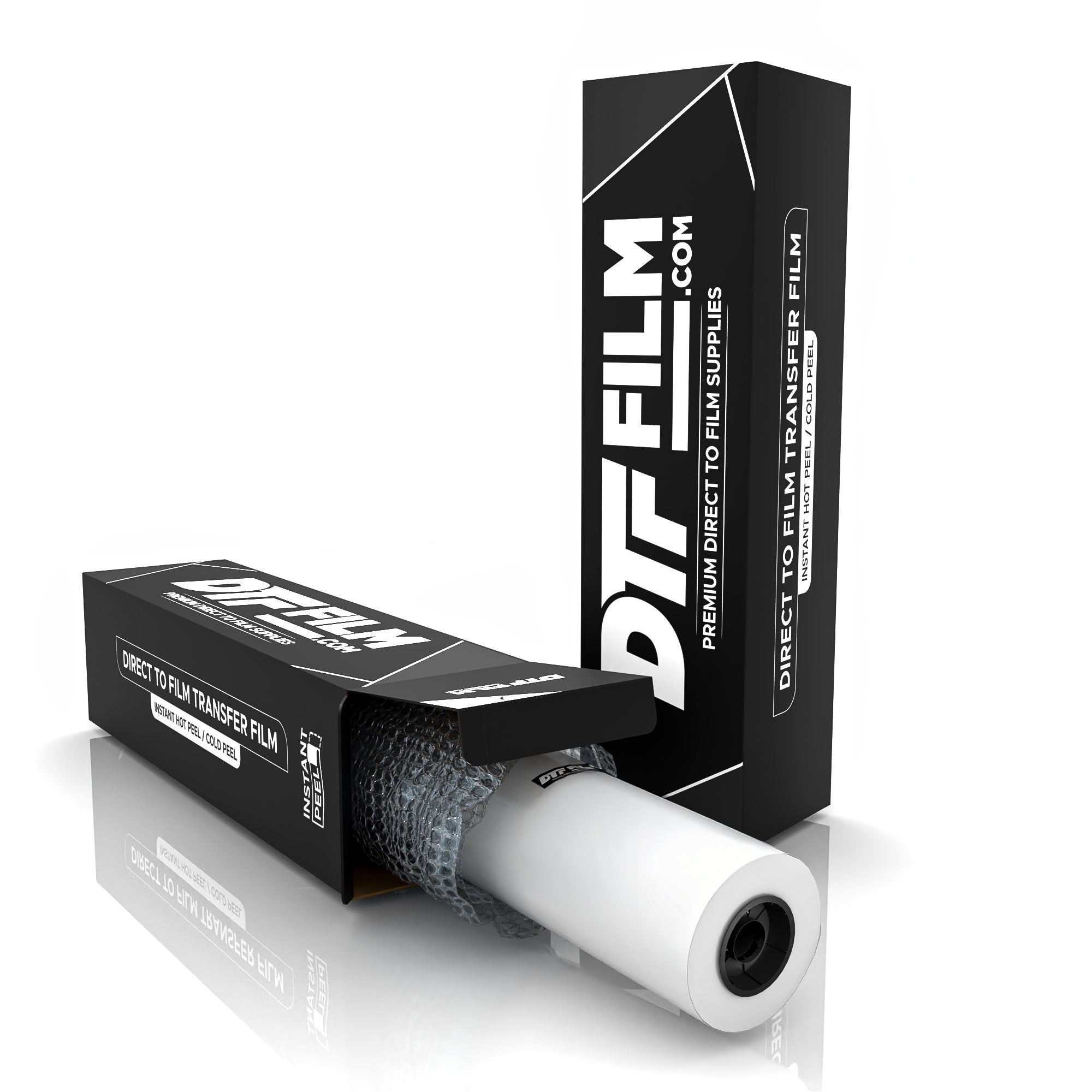Roll of DTF film with packaging on a white background