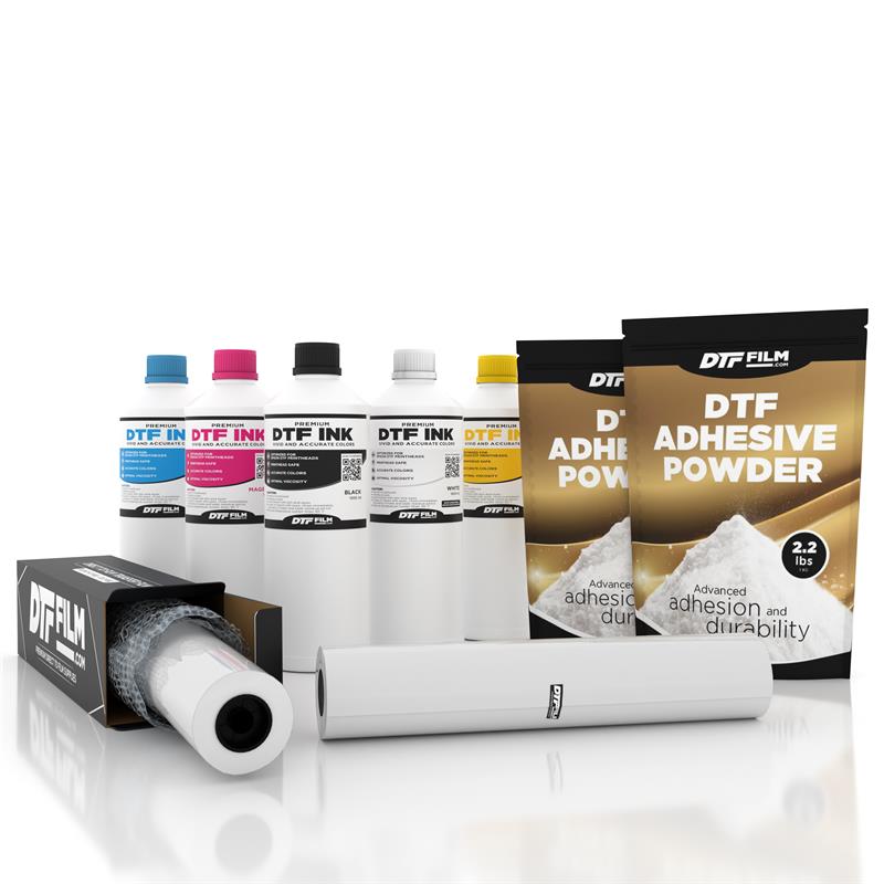 Collection of DTF ink bottles, adhesive powder, and film on a white background