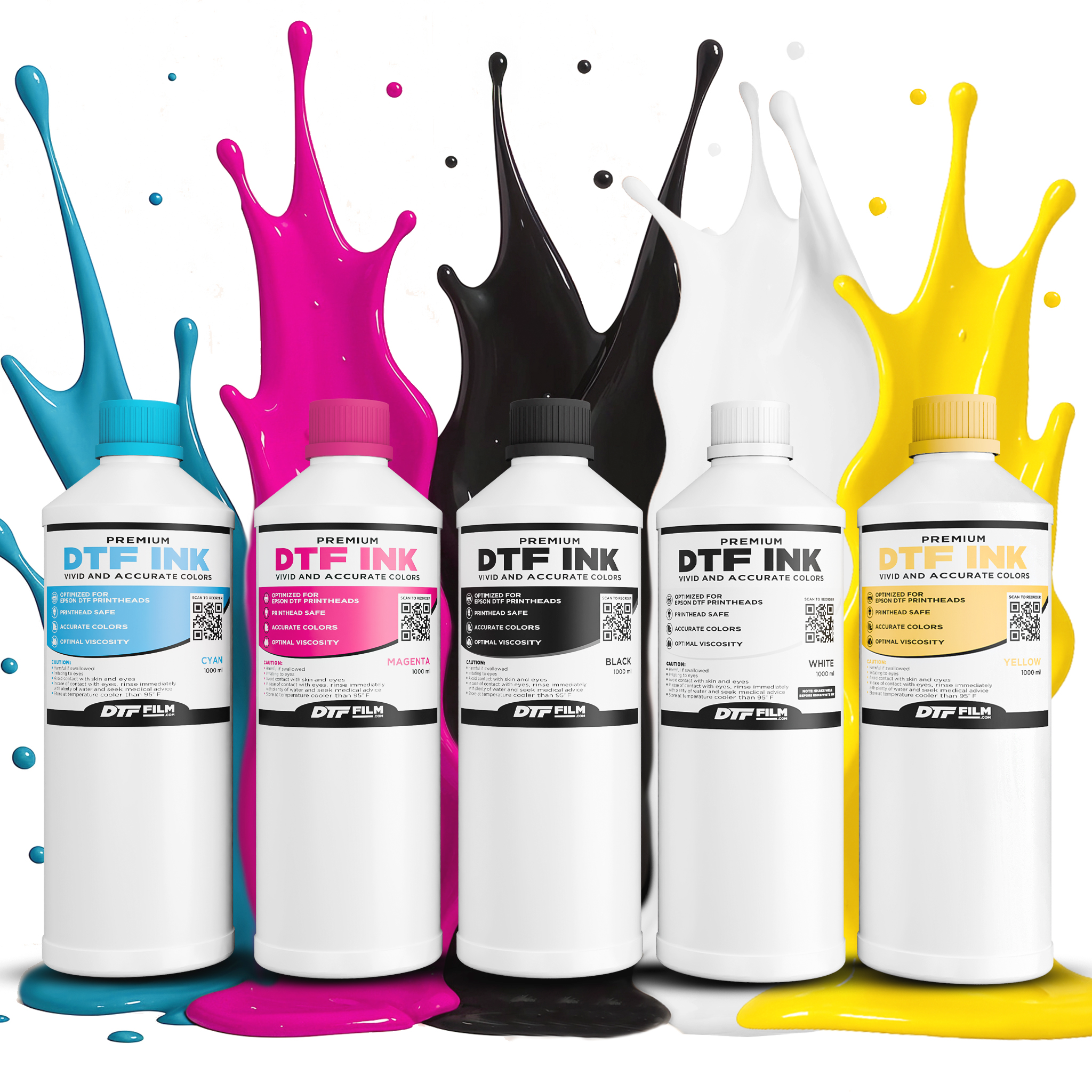Five bottles of DTF ink in different colors with splashes .
