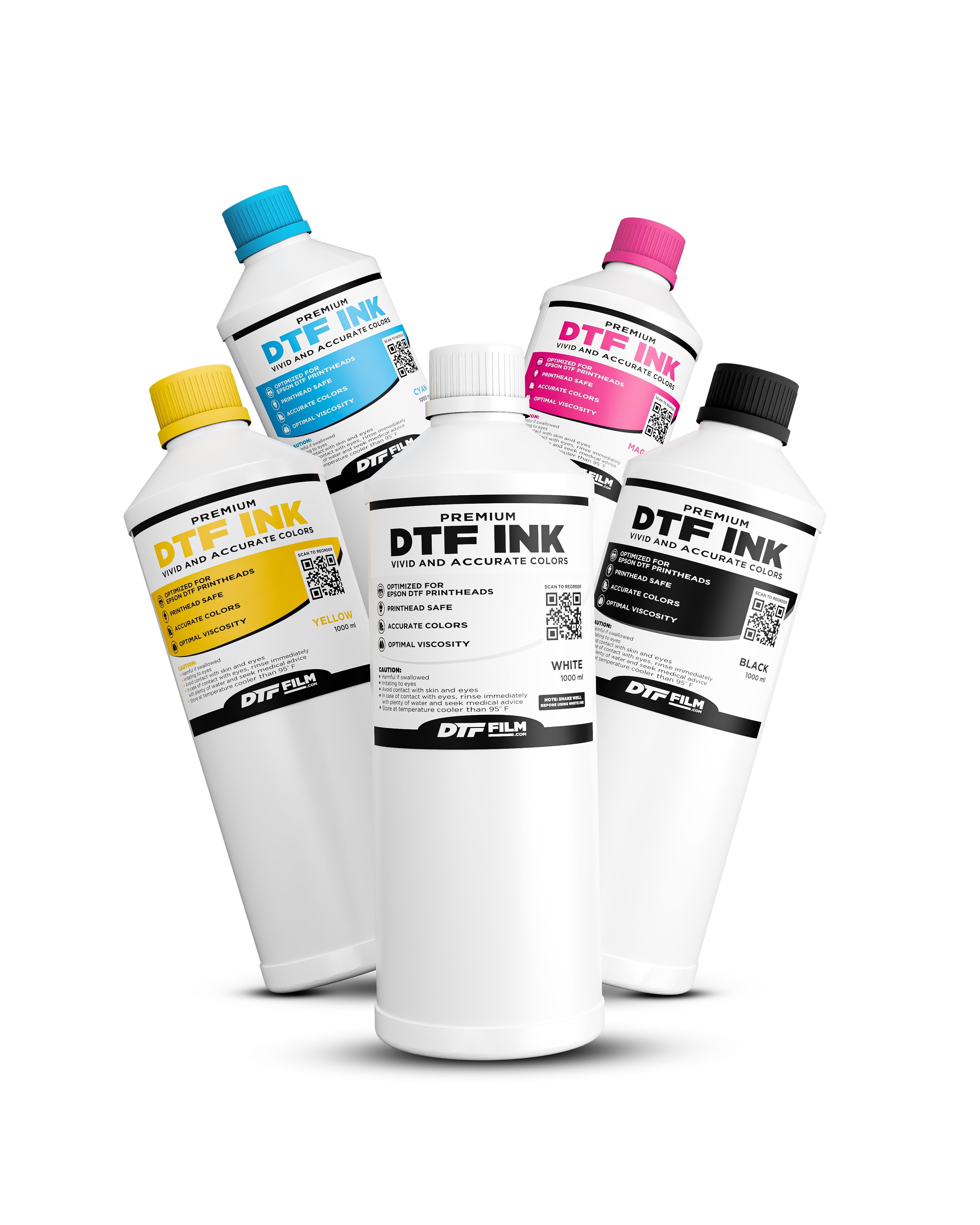 Five bottles of DTF ink with colorful caps on a white background