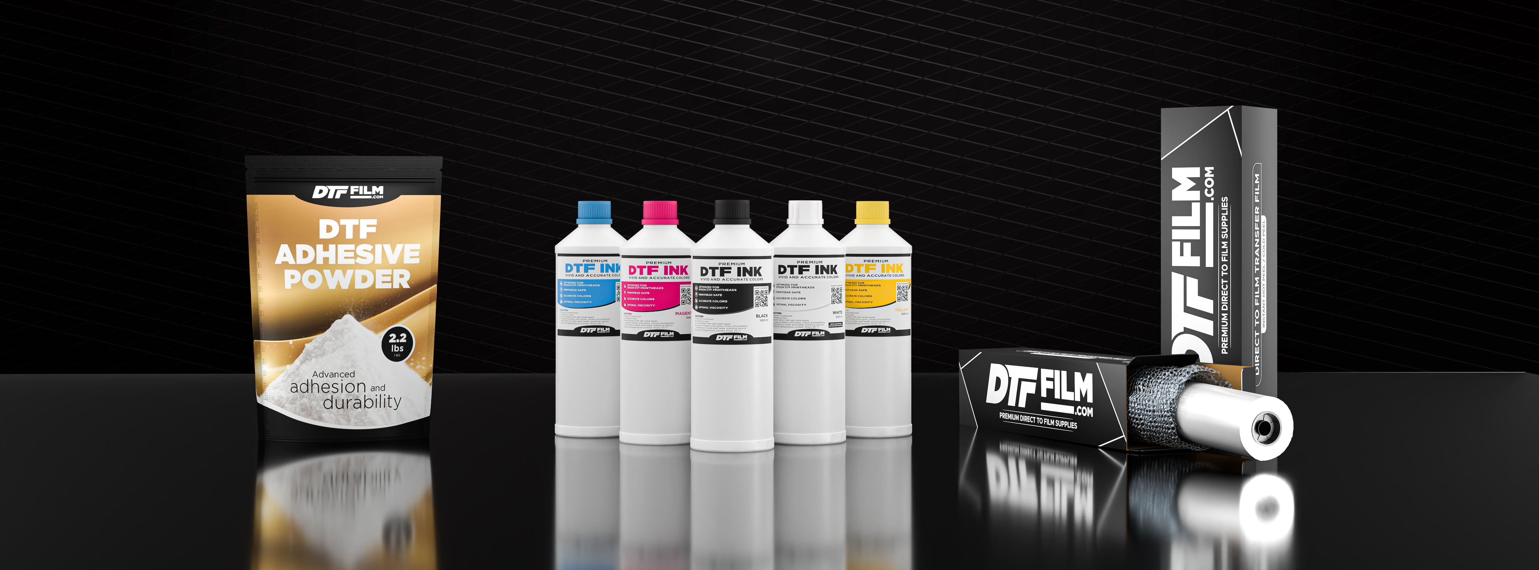 Collection of DTF (Direct to Film) products including powder, bottles, and film .