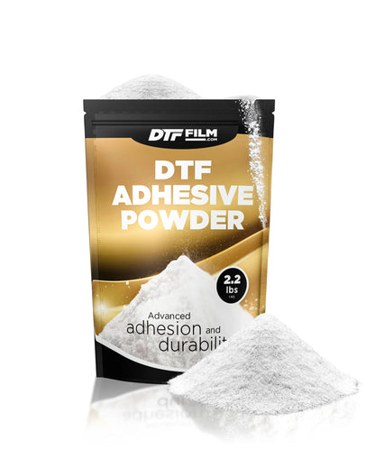 DTF Adhesive Powder packaging with white powder on a white background